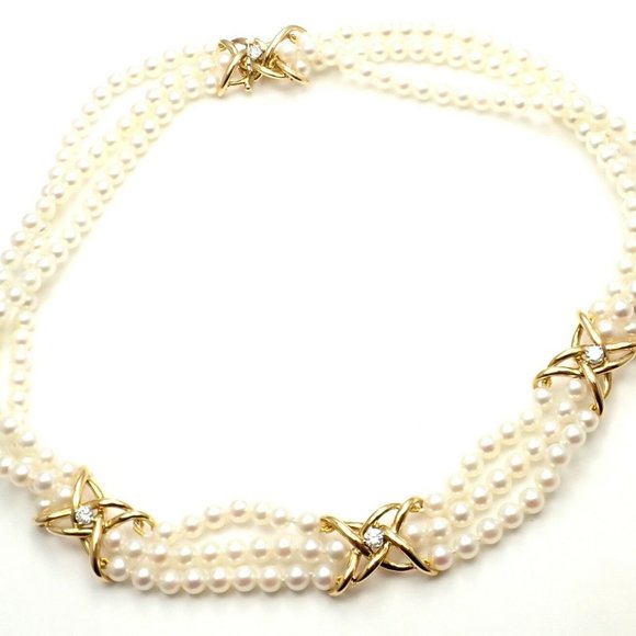 Authentic! Tiffany & Co 18k Yellow Gold Diamond 3 Strand Pearl Necklace - Picture 3 of 10